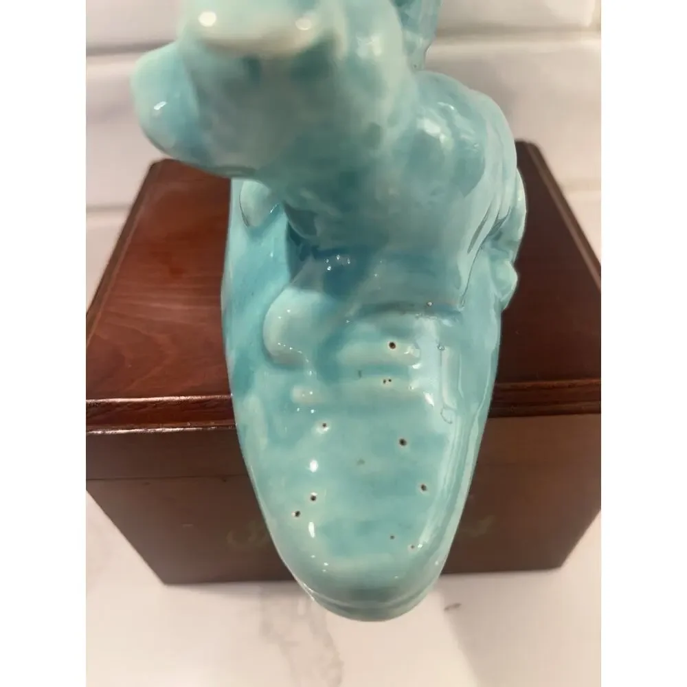 Vintage USA‎ Pottery Blue Ceramic Shoe With Dog Planter With Bow